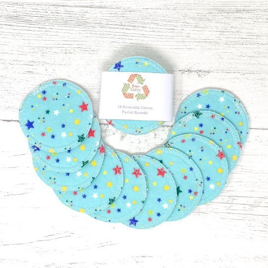 Set of 10 Cotton Facial Rounds - Turquoise Stars