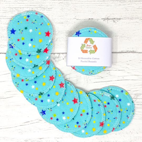Set of 10 Cotton Facial Rounds - Turquoise Stars