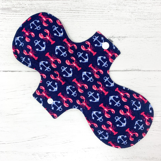 Reusable cloth sanitary pad with navy lobster and anchor pattern