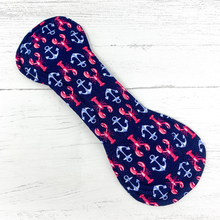 Load image into Gallery viewer, Reusable cloth sanitary pad with navy lobster and anchor pattern. Shown fastened
