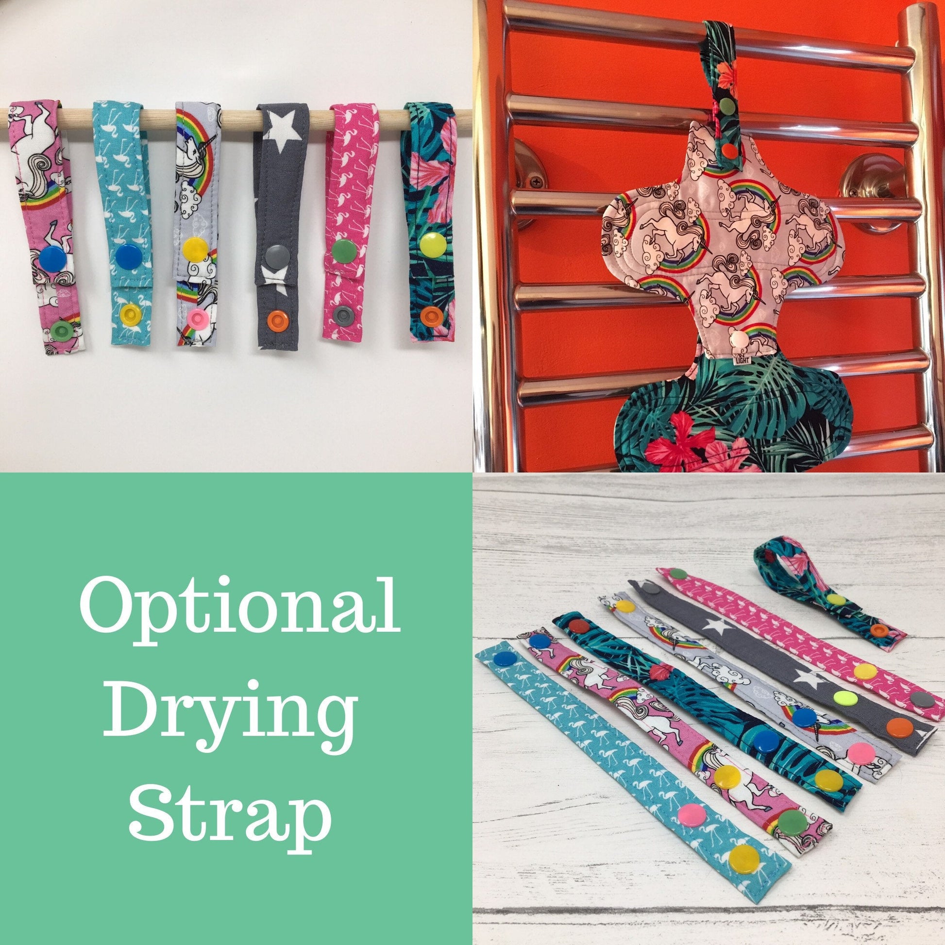 Optional Drying Straps for CSPs and kitchen roll. Reusable pads hanging up to dry using drying straps